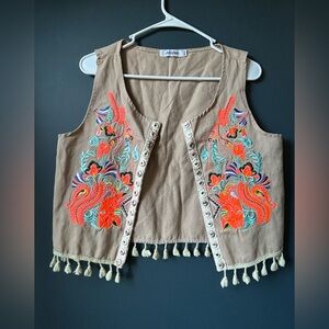 Boho French Designer, Tan Vest with Vibrant Embroidery Coachella vibes